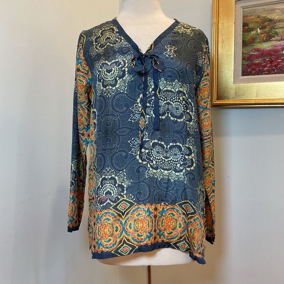 Johnny Was Tops - Johnny Was Navy Multicolor Silk Boho Tunic Blouse Tie Front Long Sleeve‎ Small